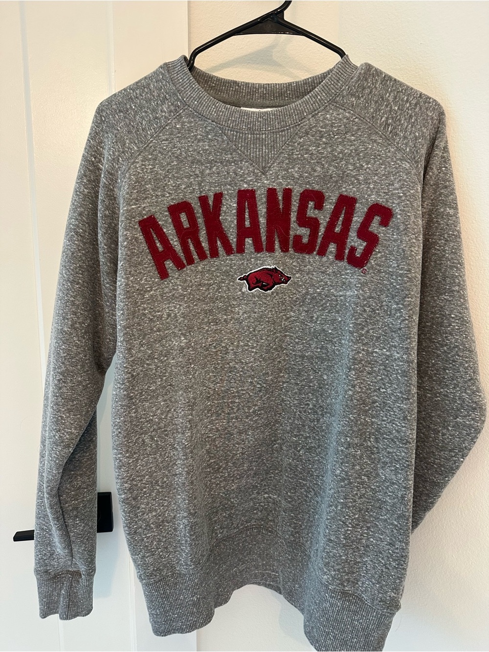 Champion Heather Gray Crewneck Sweatshirt with Red Arkansas Script